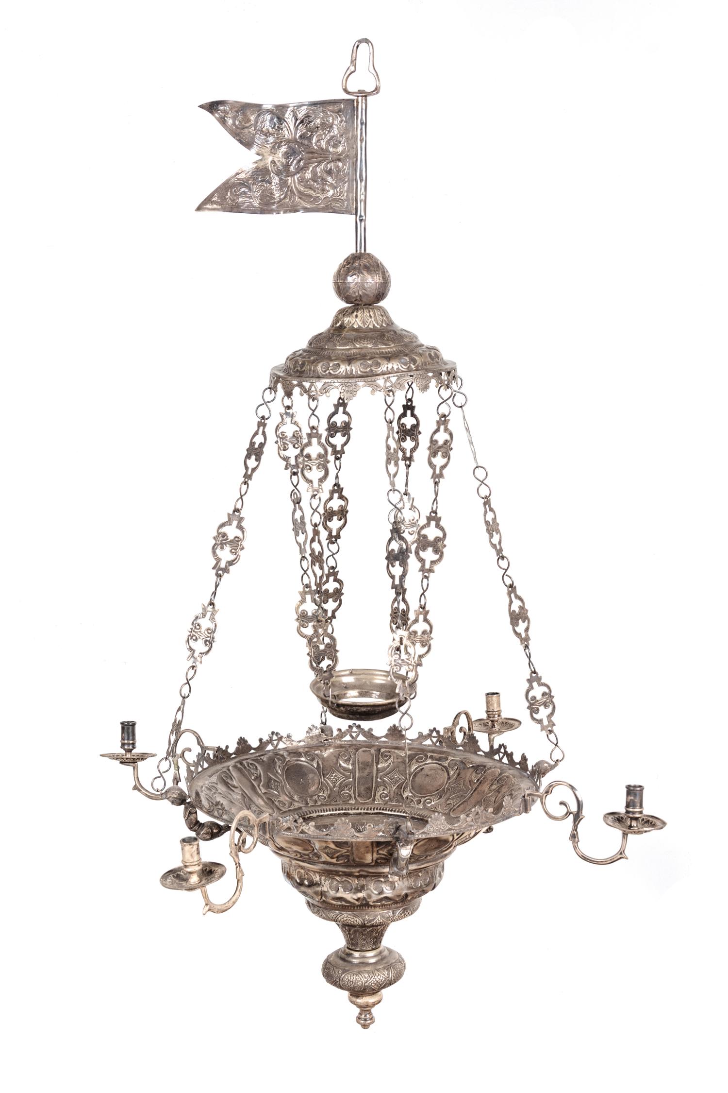 A Pair of Mexican Colonial Silver Four-Light Chandeliers