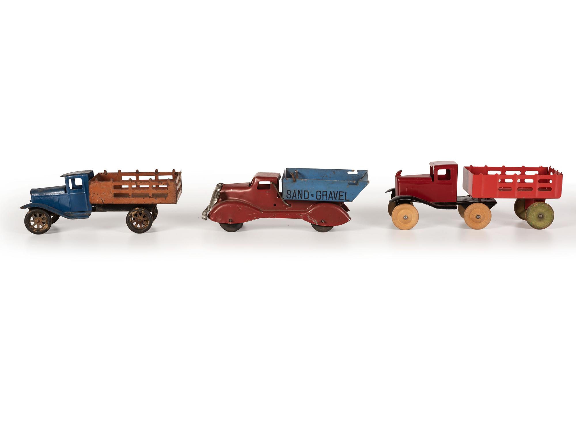 Ten Tin and Pressed Steel Toy Trucks and Wagons
