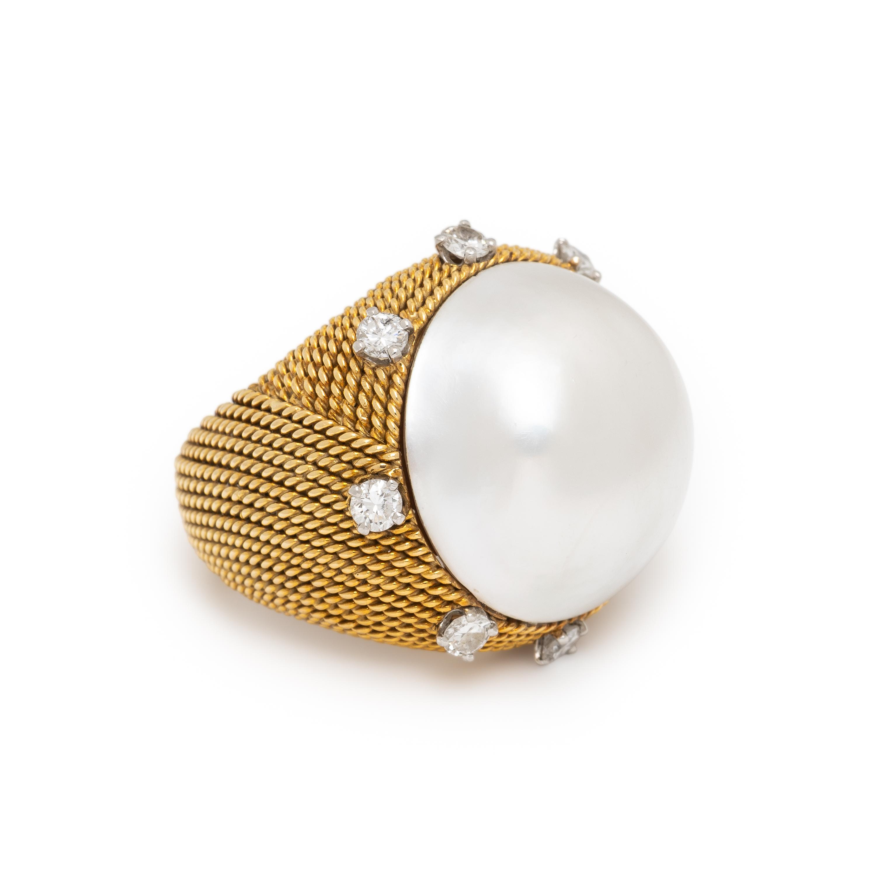 David Webb, Mabé Pearl, Diamond and Yellow Gold Ring
