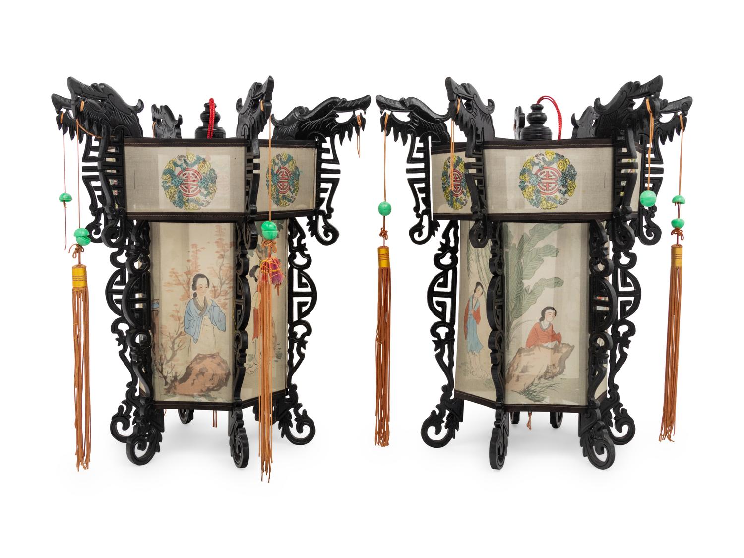 A Pair of Chinese Painted Silk and Wood Lanterns