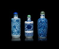Three Chinese Blue and White Porcelain 'Lotus' Snuff Bottles