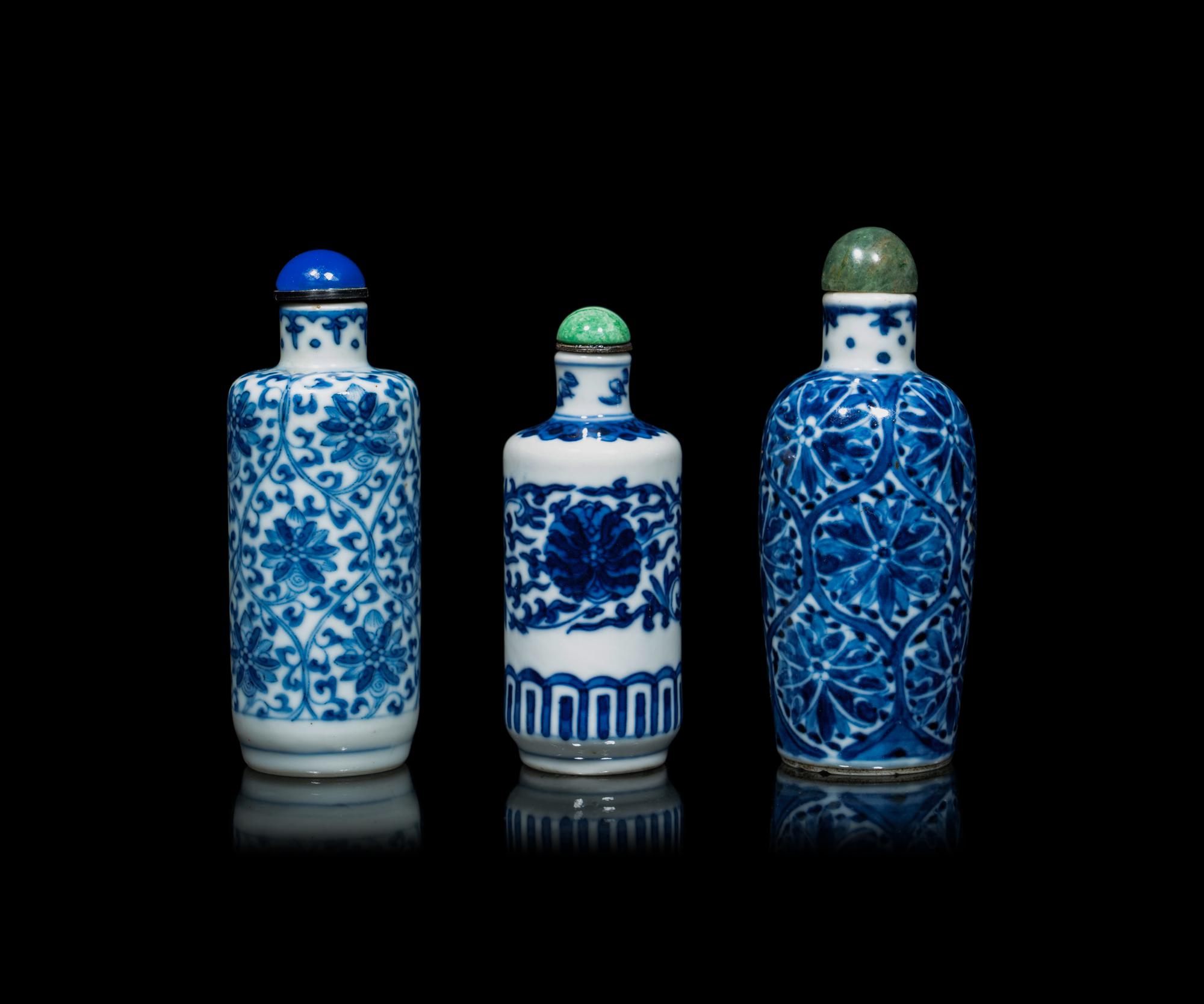 Three Chinese Blue and White Porcelain 'Lotus' Snuff Bottles