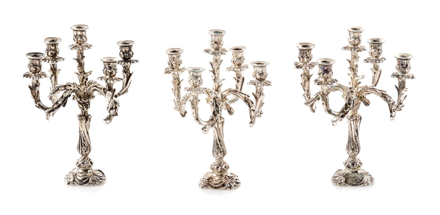 Three Silver Five-Light Candelabra, Harry Smith, Perrysville, IN, each having a baluster form standard issuing foliate candle arms.
