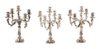 Three Silver Five-Light Candelabra, Harry Smith, Perrysville, IN, each having a baluster form standard issuing foliate candle arms.