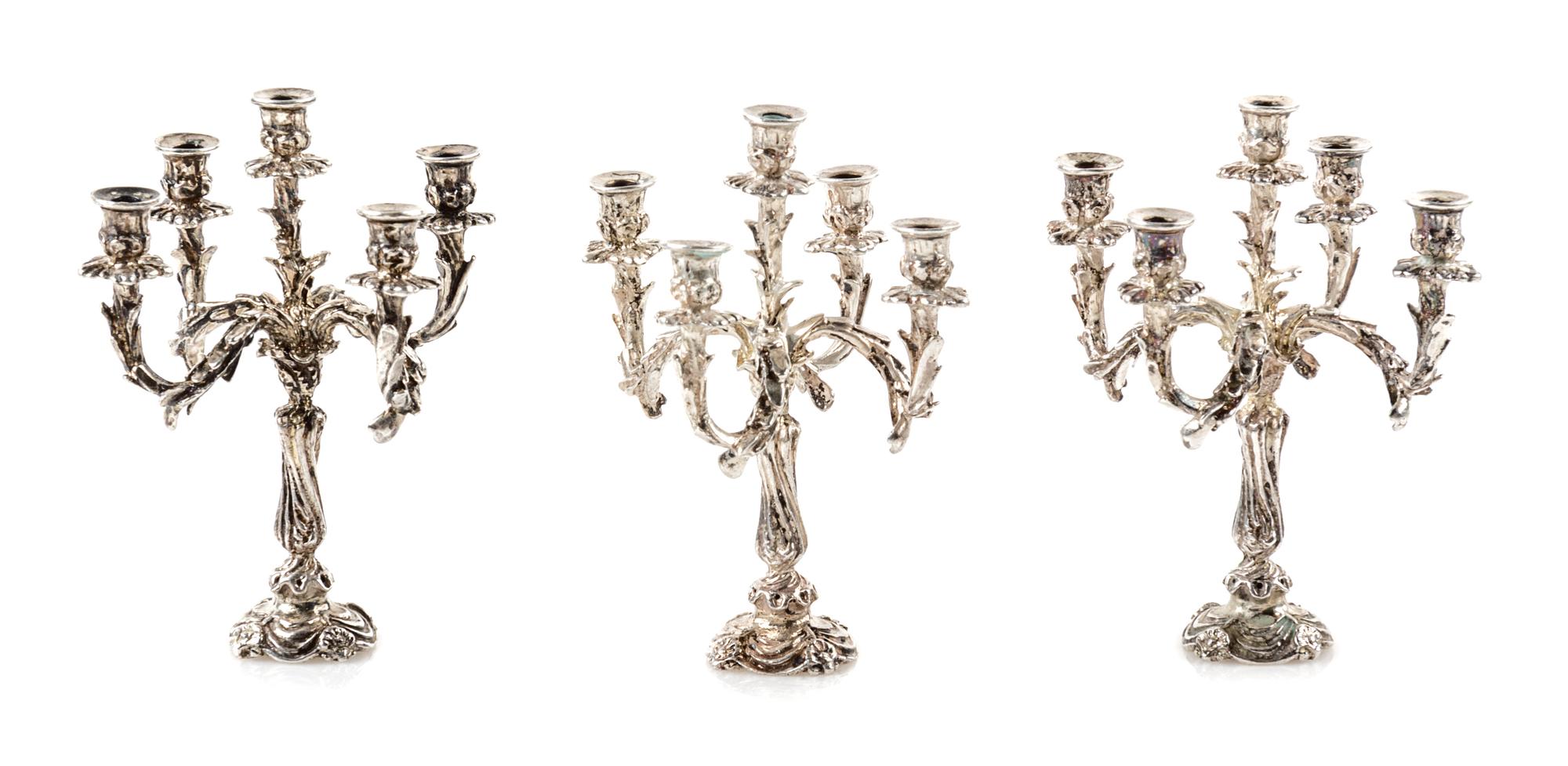 Three Silver Five-Light Candelabra, Harry Smith, Perrysville, IN, each having a baluster form standard issuing foliate candle arms.