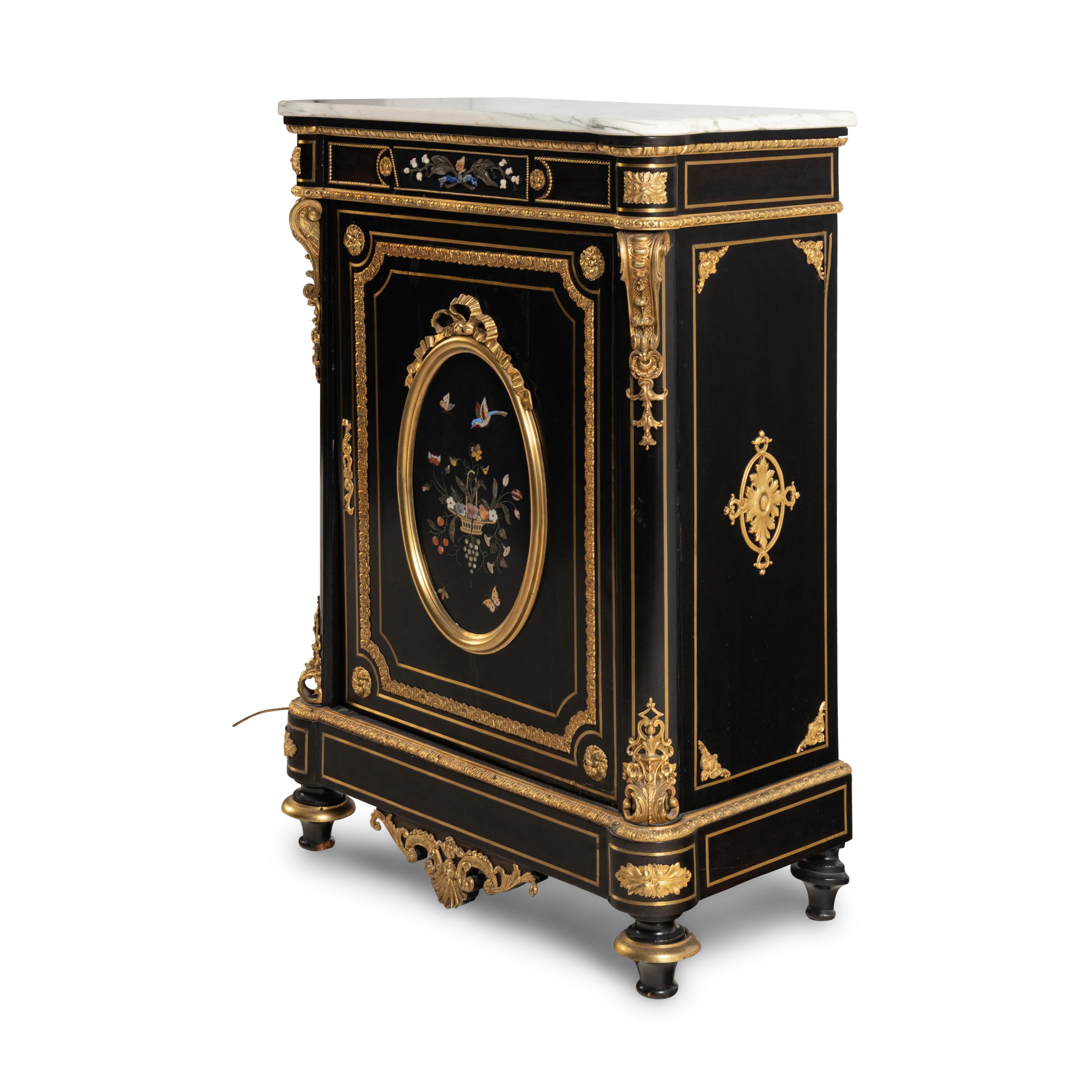 A Napoleon III Style Ebonized, Gilt Bronze and Pietra Dura Plaque Mounted Marble-Top Meuble d’Appui