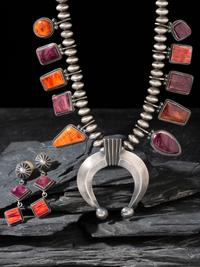 Matching Sterling Silver and Spiny Oyster Squash Blossom Necklace and Earrings