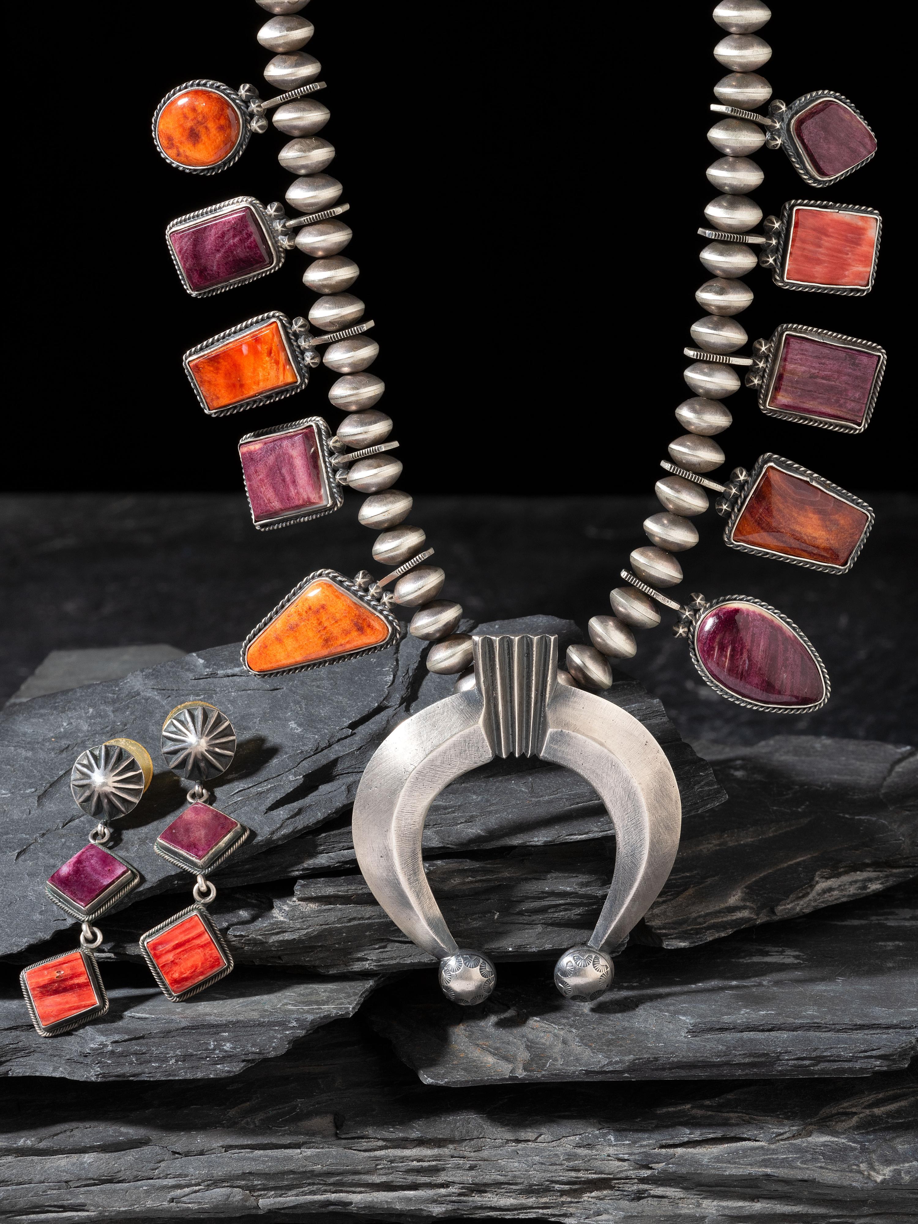 Matching Sterling Silver and Spiny Oyster Squash Blossom Necklace and Earrings