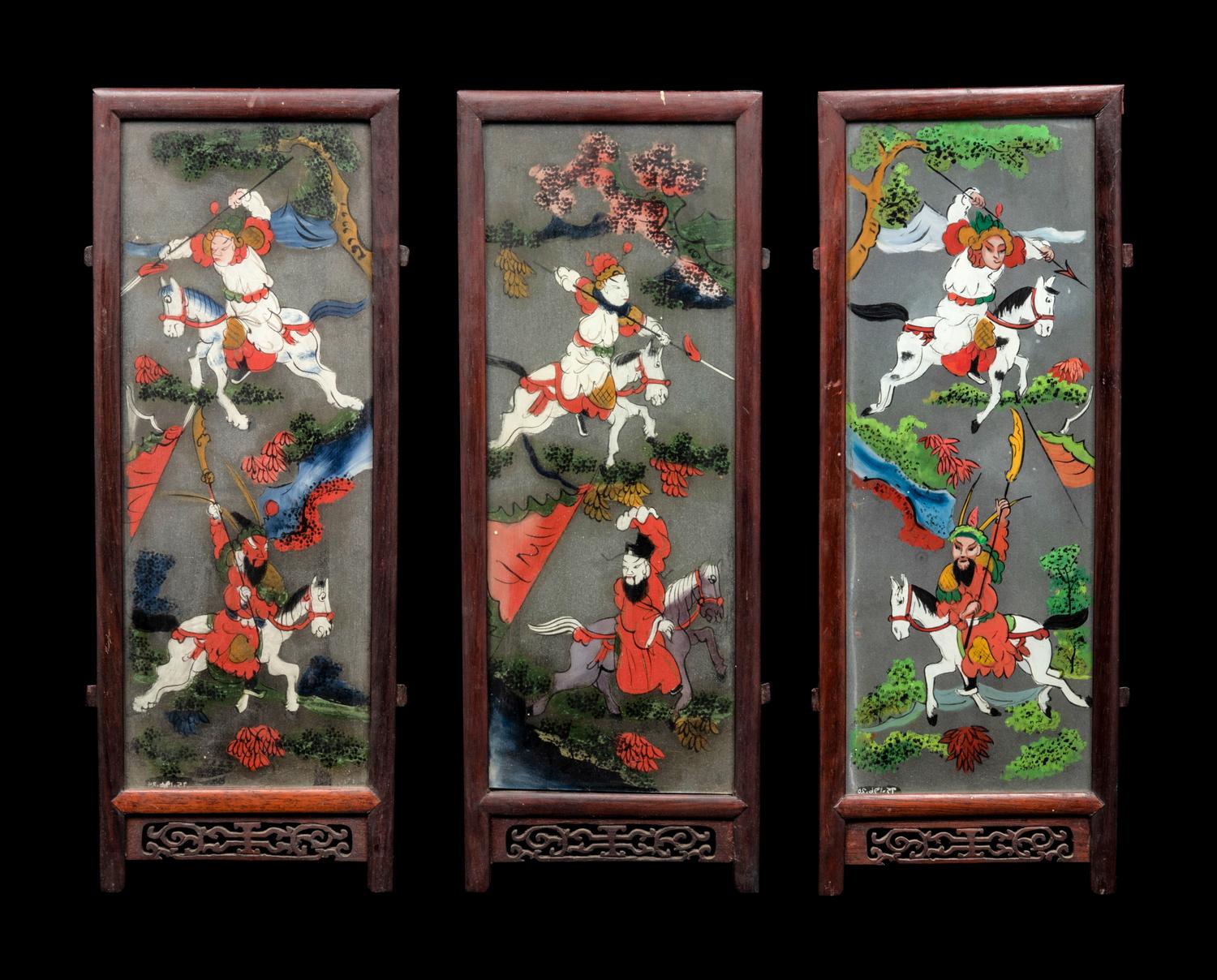 Three Chinese Painted on Glass and Wood Lanterns