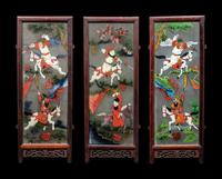 Three Chinese Painted on Glass and Wood Lanterns