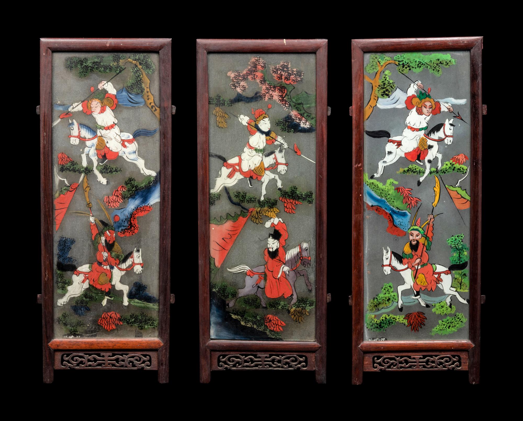 Three Chinese Painted on Glass and Wood Lanterns