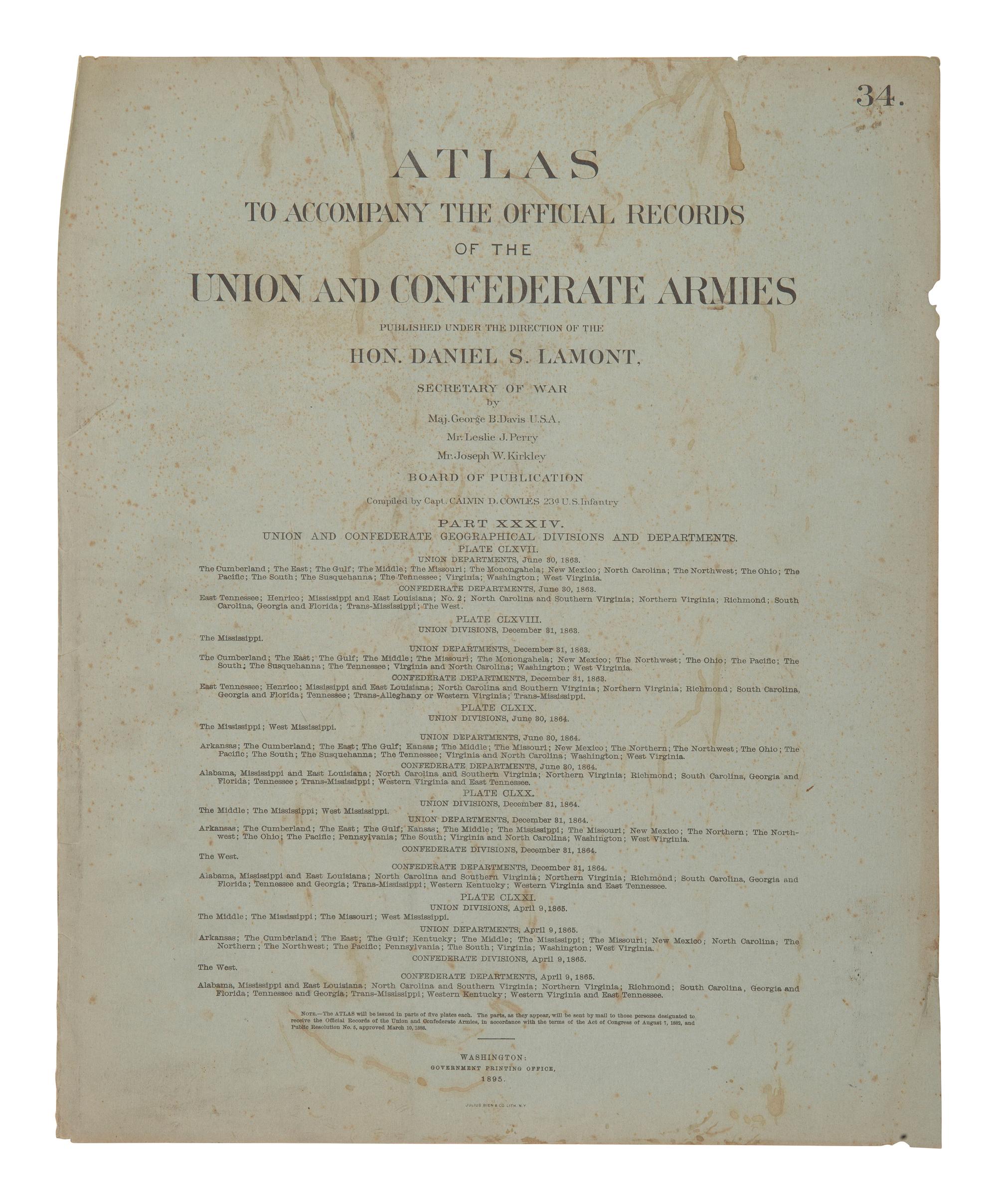 [CIVIL WAR]. COWLES. Atlas to Accompany the Official Records of the Union and Confederate Armies .