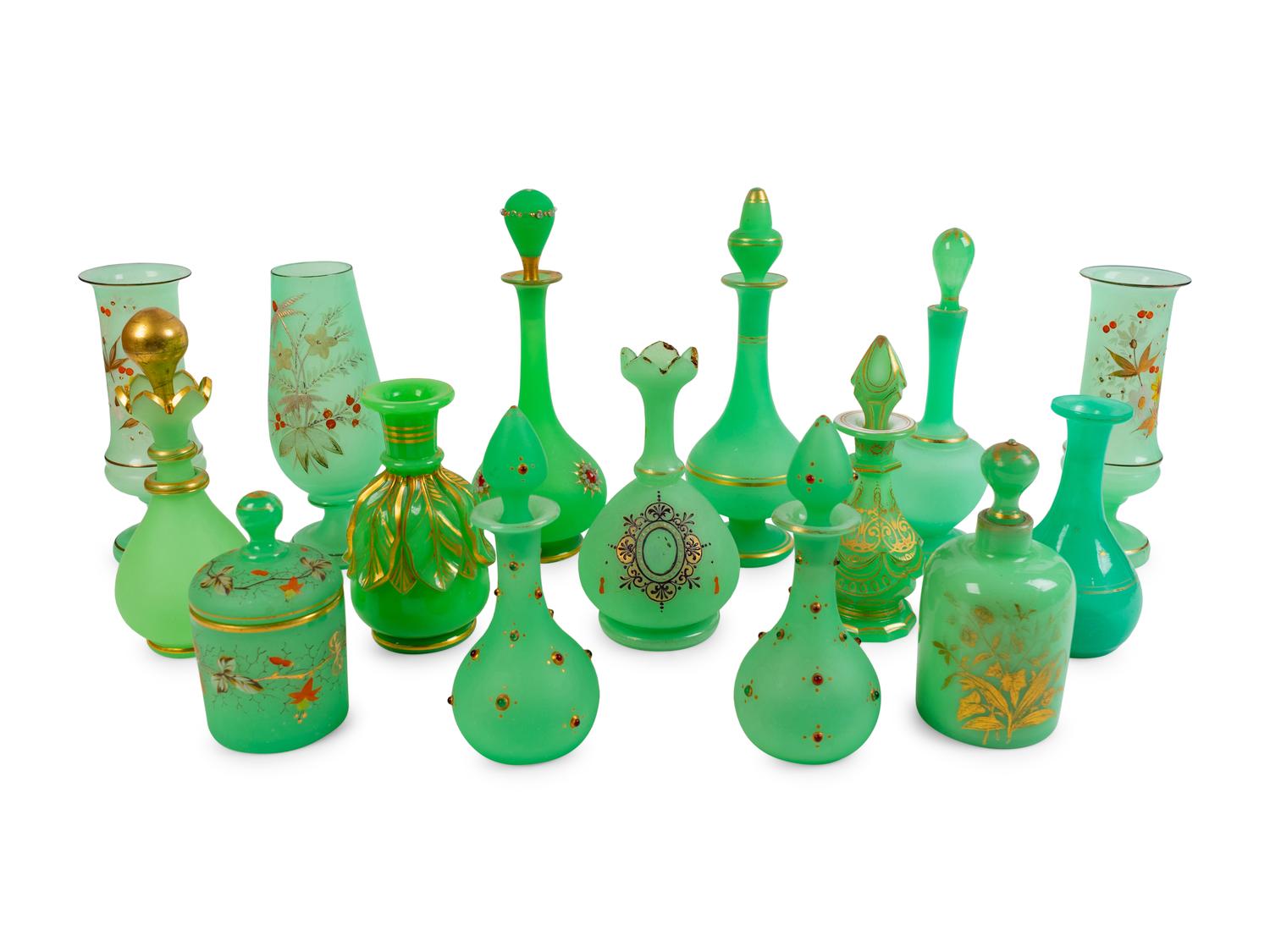 A Collection of Fifteen Green Opaline Glass Items — 19TH CENTURY