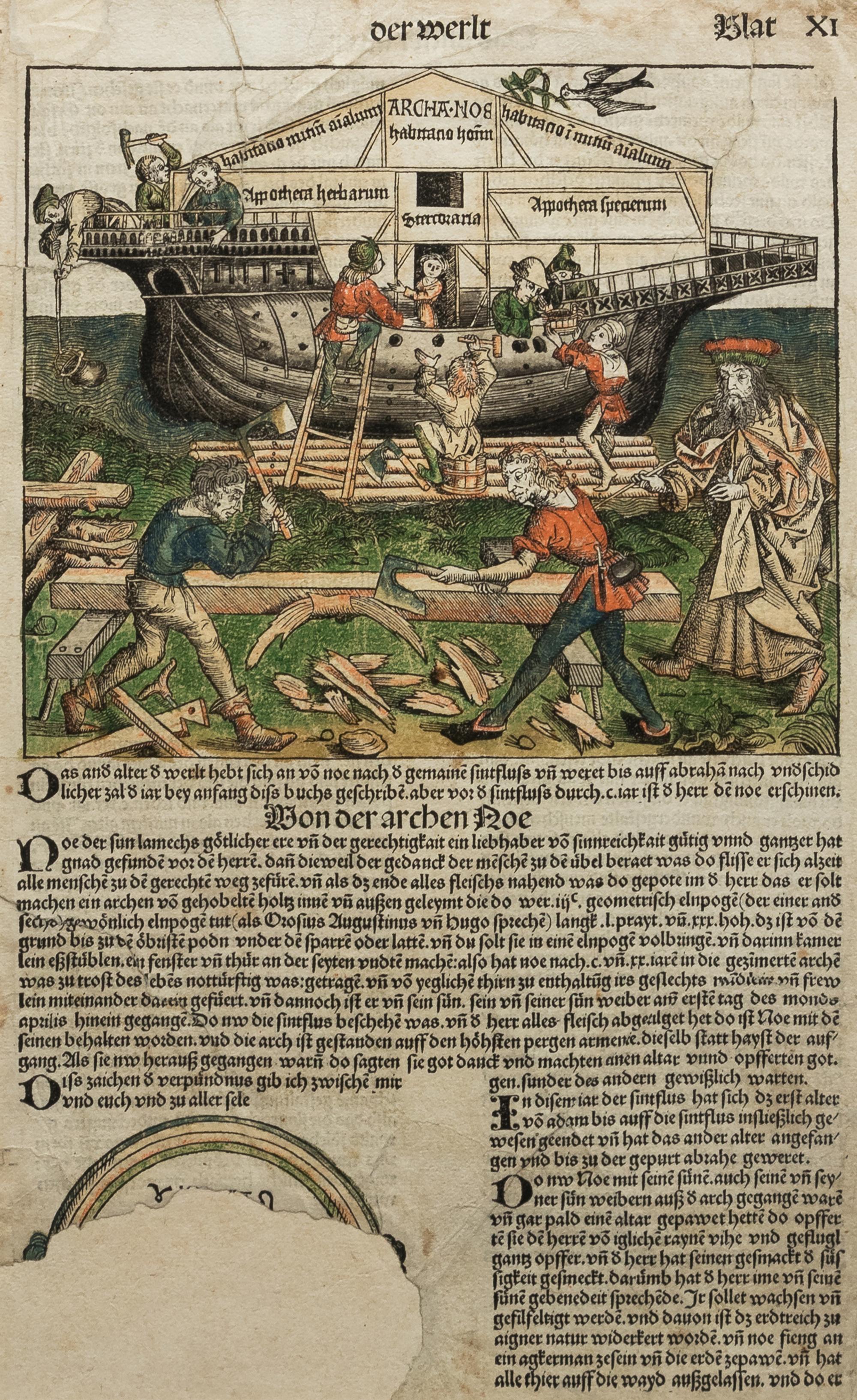 [LEAVES -- INCUNABULA] -- [SCHEDEL, Hartmann]. Two Incunabula leaves with hand-coloring from the Liber Chonicarum , or Nuremberg Chronicle . [Nuremberg, 1493].