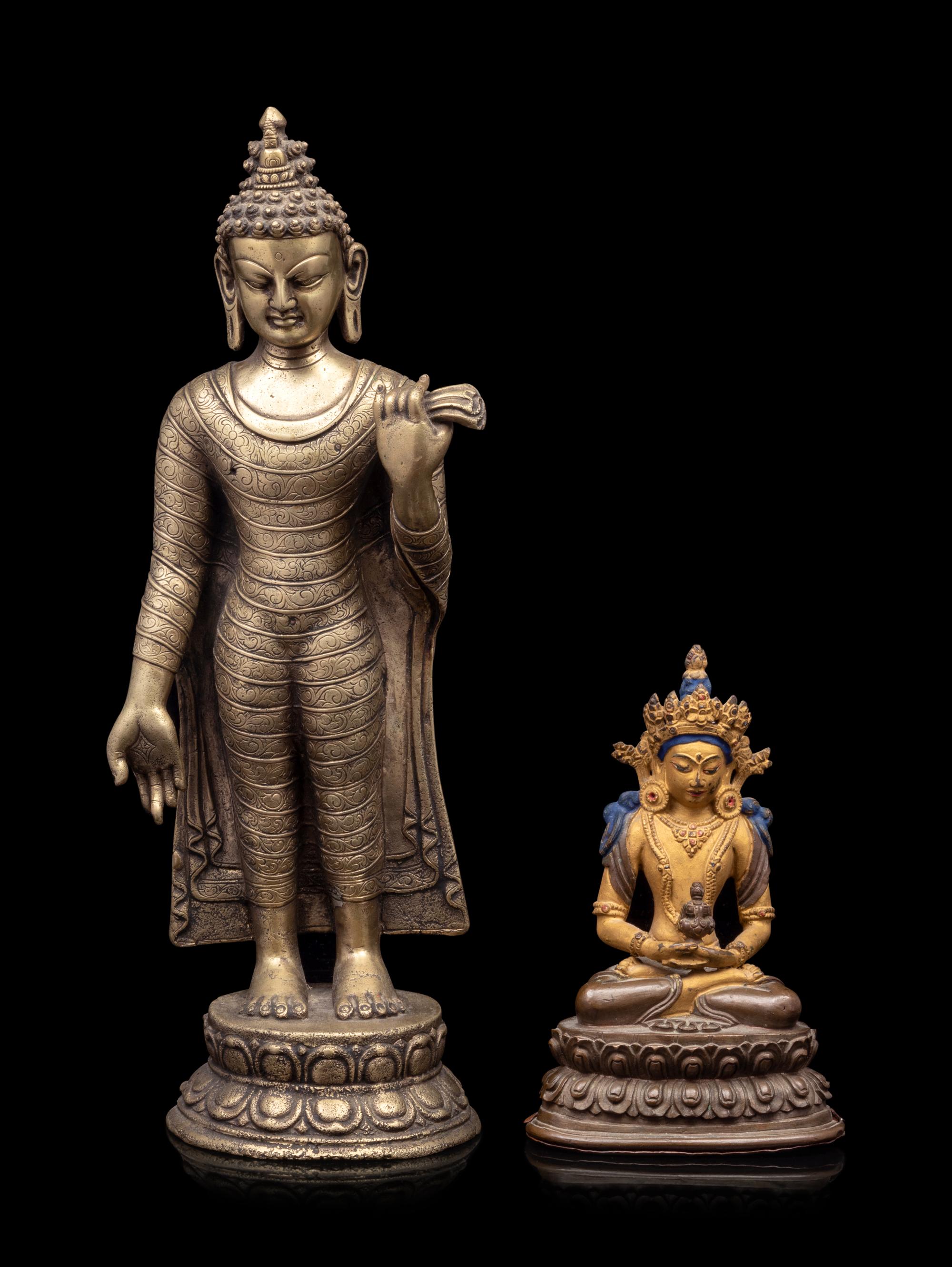A Sino-Tibetan Gilt Bronze Figure of Buddha and A Bronze Figure of Standing Buddha