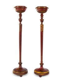 A Pair of English Lacquered and Chinoiserie Decorated Torchères