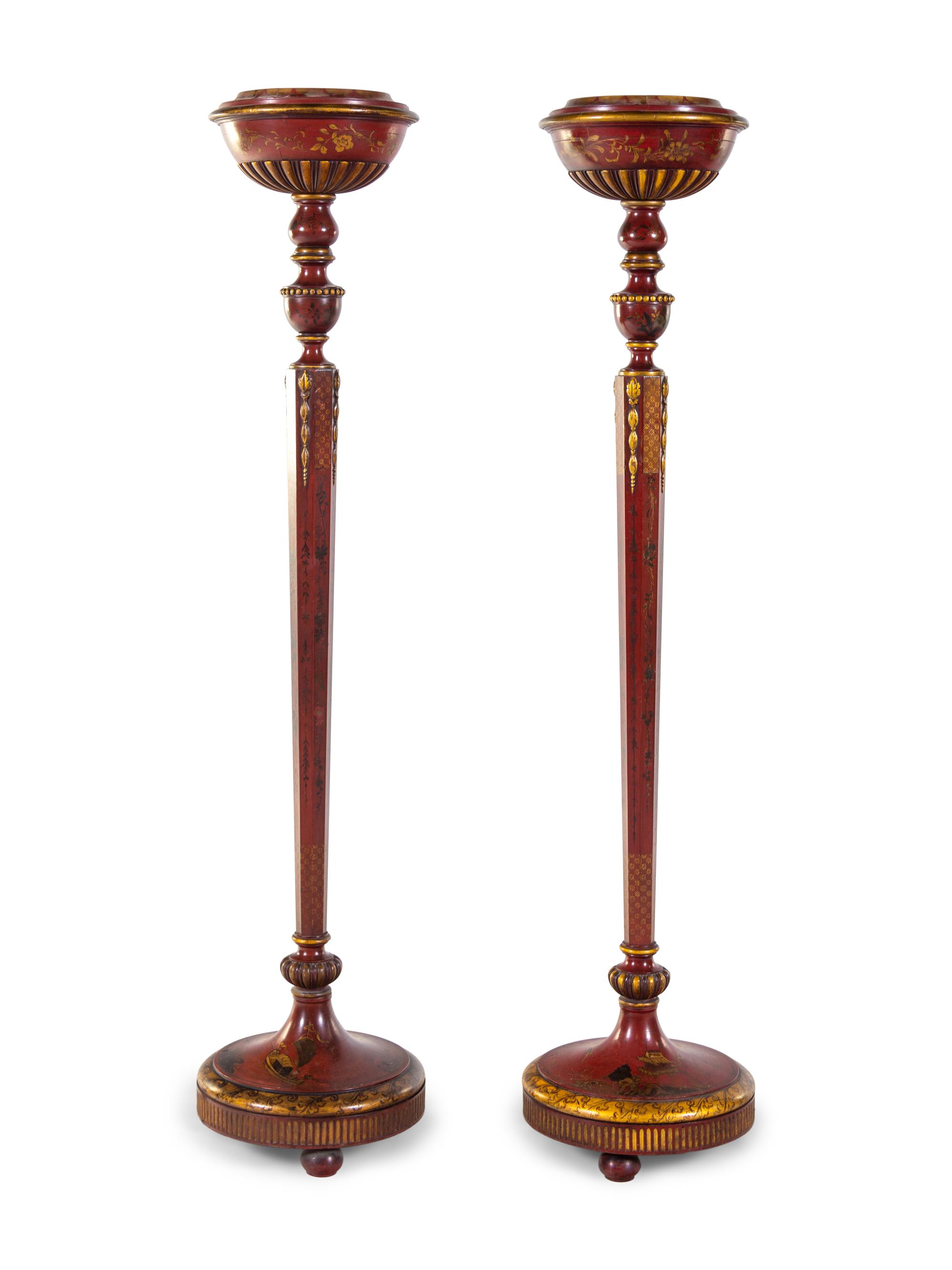 A Pair of English Lacquered and Chinoiserie Decorated Torchères
