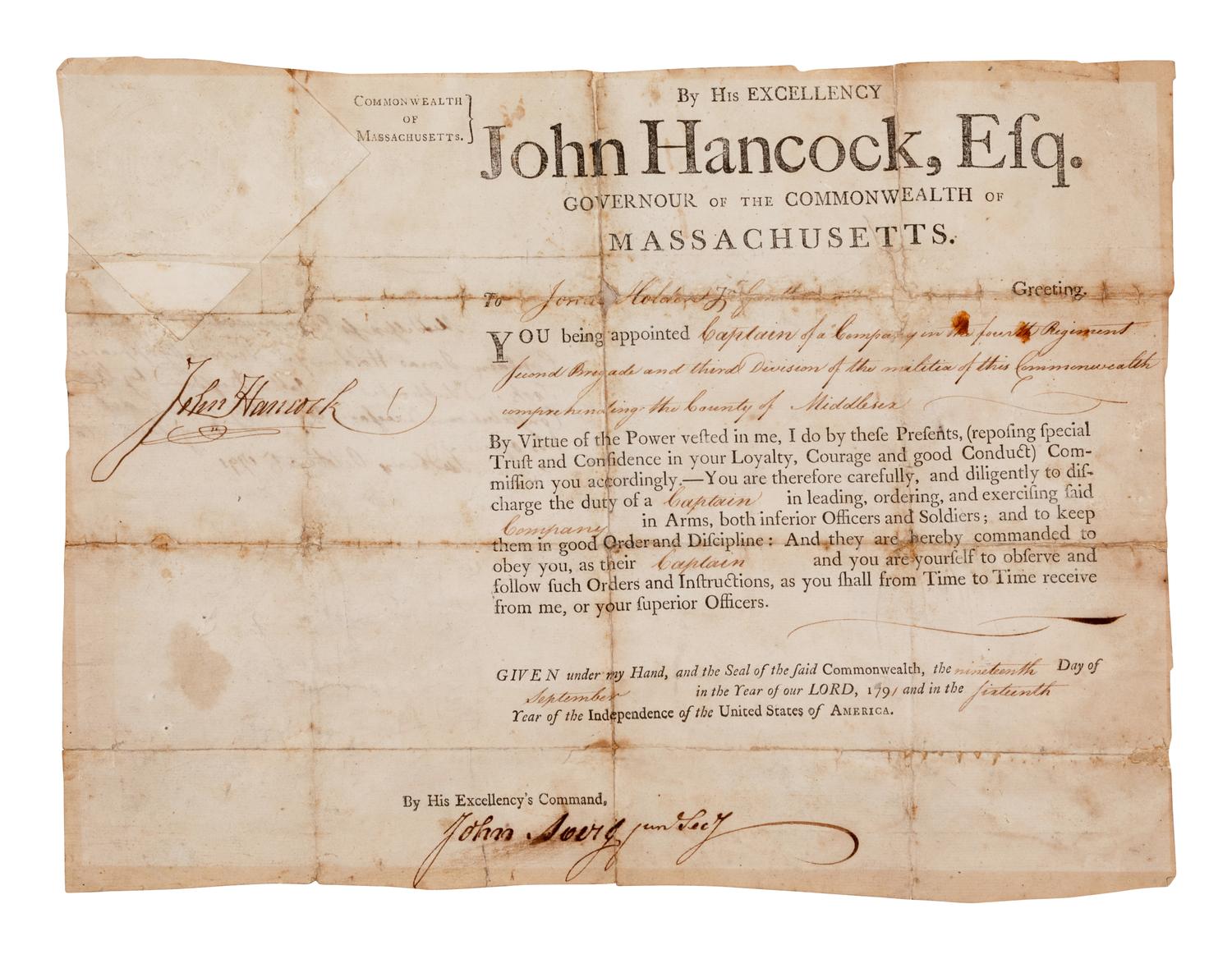 HANCOCK, John (1737-1793). Document signed ("John Hancock"), partially printed and accomplished in manuscript, as Governor of Massachusetts, counter-signed by John Avery Jr. as Secretary, docketed on verso by Benjamin Lawin,19 September 1791.