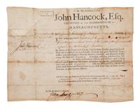 HANCOCK, John (1737-1793). Document signed ("John Hancock"), partially printed and accomplished in manuscript, as Governor of Massachusetts, counter-signed by John Avery Jr. as Secretary, docketed on verso by Benjamin Lawin,19 September 1791.