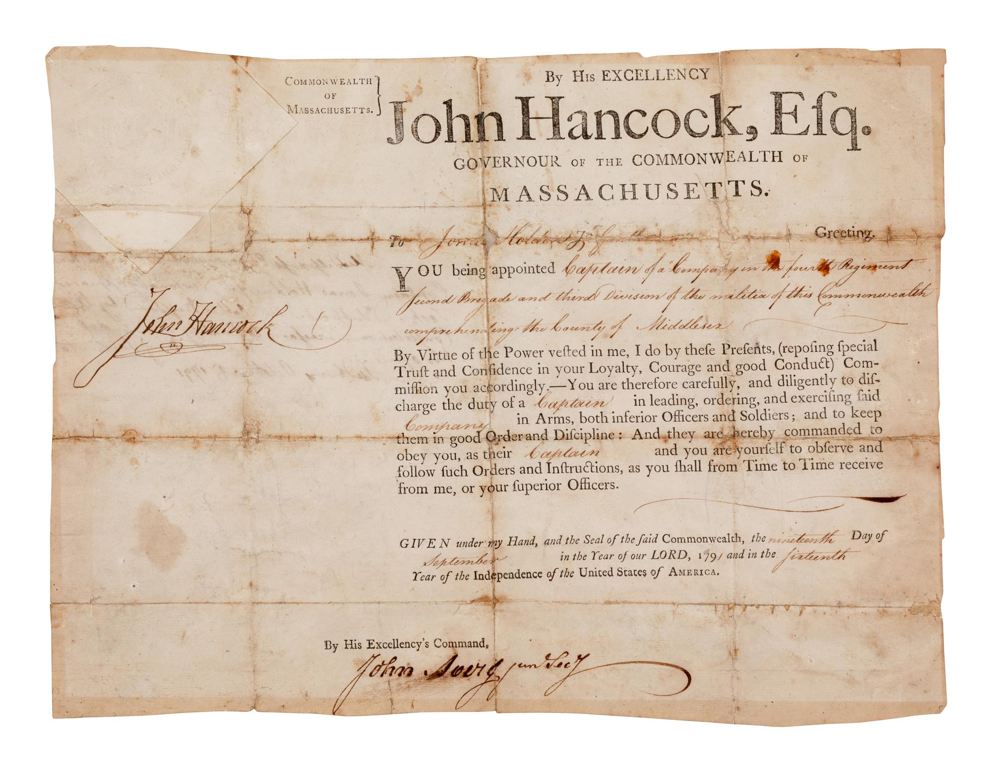 HANCOCK, John (1737-1793). Document signed ("John Hancock"), partially printed and accomplished in manuscript, as Governor of Massachusetts, counter-signed by John Avery Jr. as Secretary, docketed on verso by Benjamin Lawin,19 September 1791.