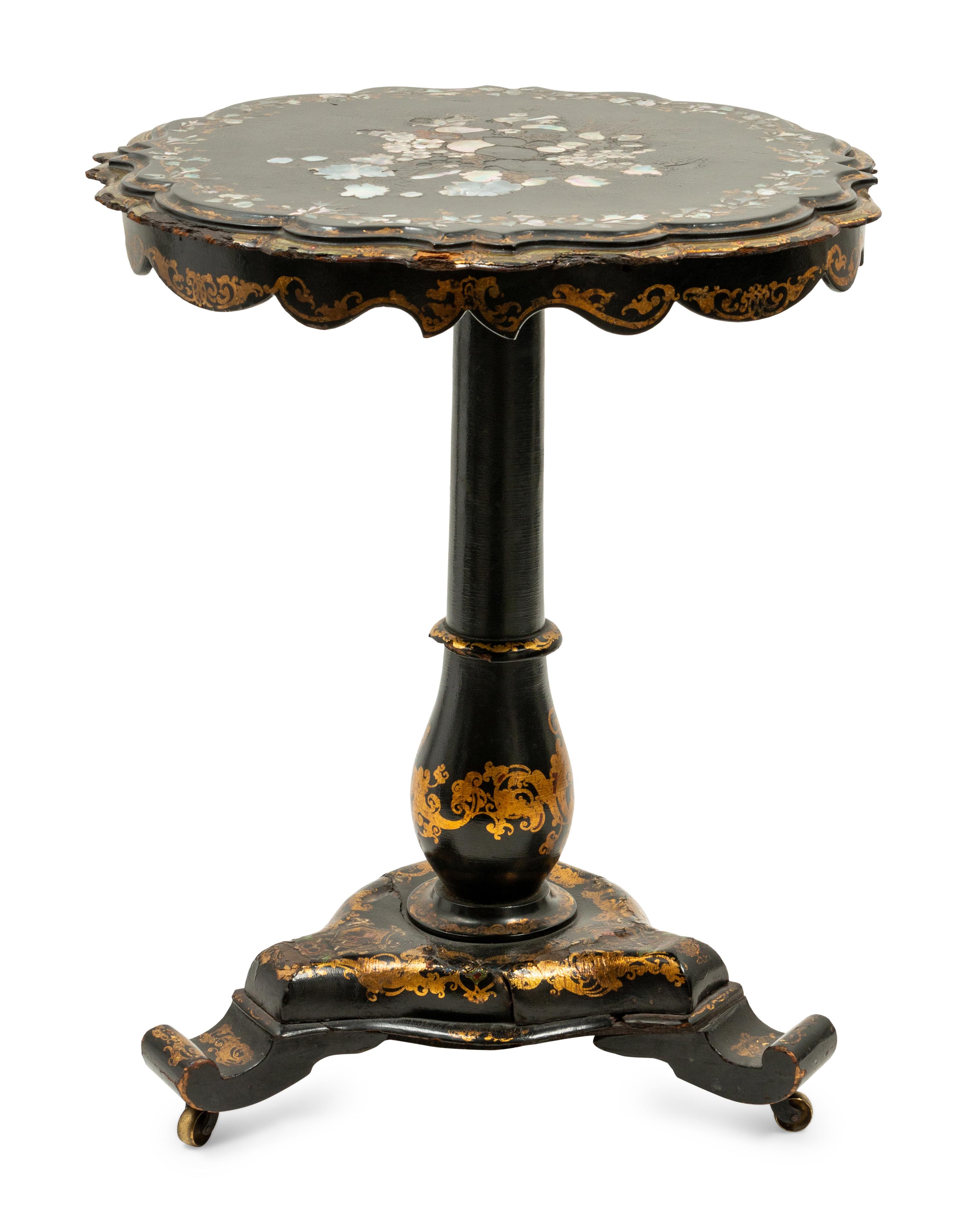 A Pair of Victorian Mother-of-Pearl Inlaid and Parcel Gilt Papier-Mâché Tilt-Top Tables