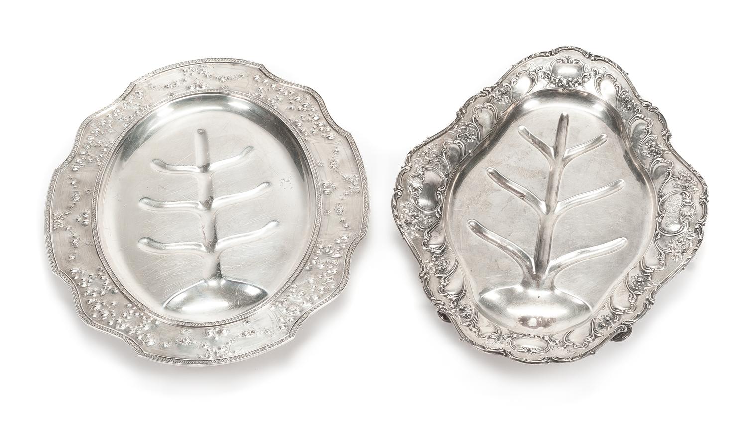 Two American Silver Well-and-Tree Platters, Gorham Mfg. Co., Providence, RI and the Cellini Shop, Chicago, IL, each of shaped oval form