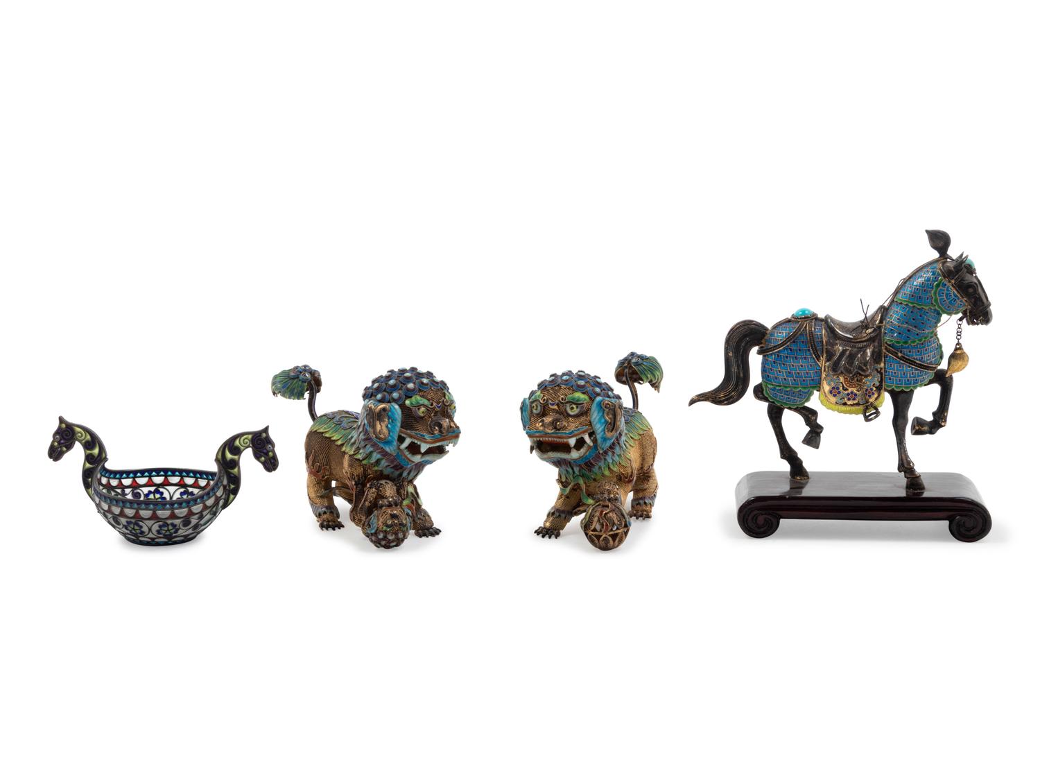 A Pair of Chinese Enameled Lions, an Enameled Horse Figure and a Plique-a-Jour Salt
