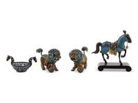 A Pair of Chinese Enameled Lions, an Enameled Horse Figure and a Plique-a-Jour Salt