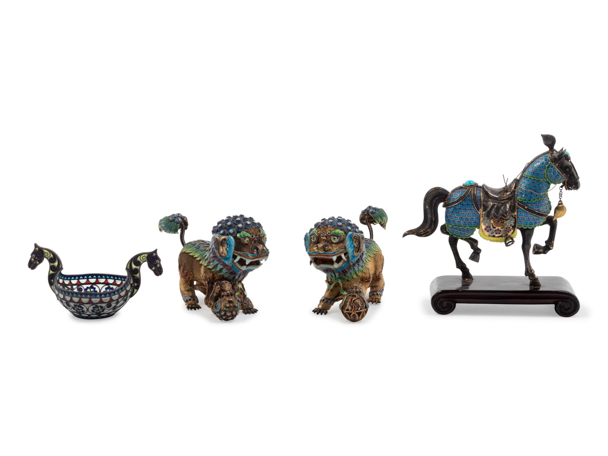 A Pair of Chinese Enameled Lions, an Enameled Horse Figure and a Plique-a-Jour Salt