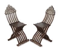 A Pair of Syrian Mother-of-Pearl-Inlaid X-Form Folding Chairs — 20TH CENTURY