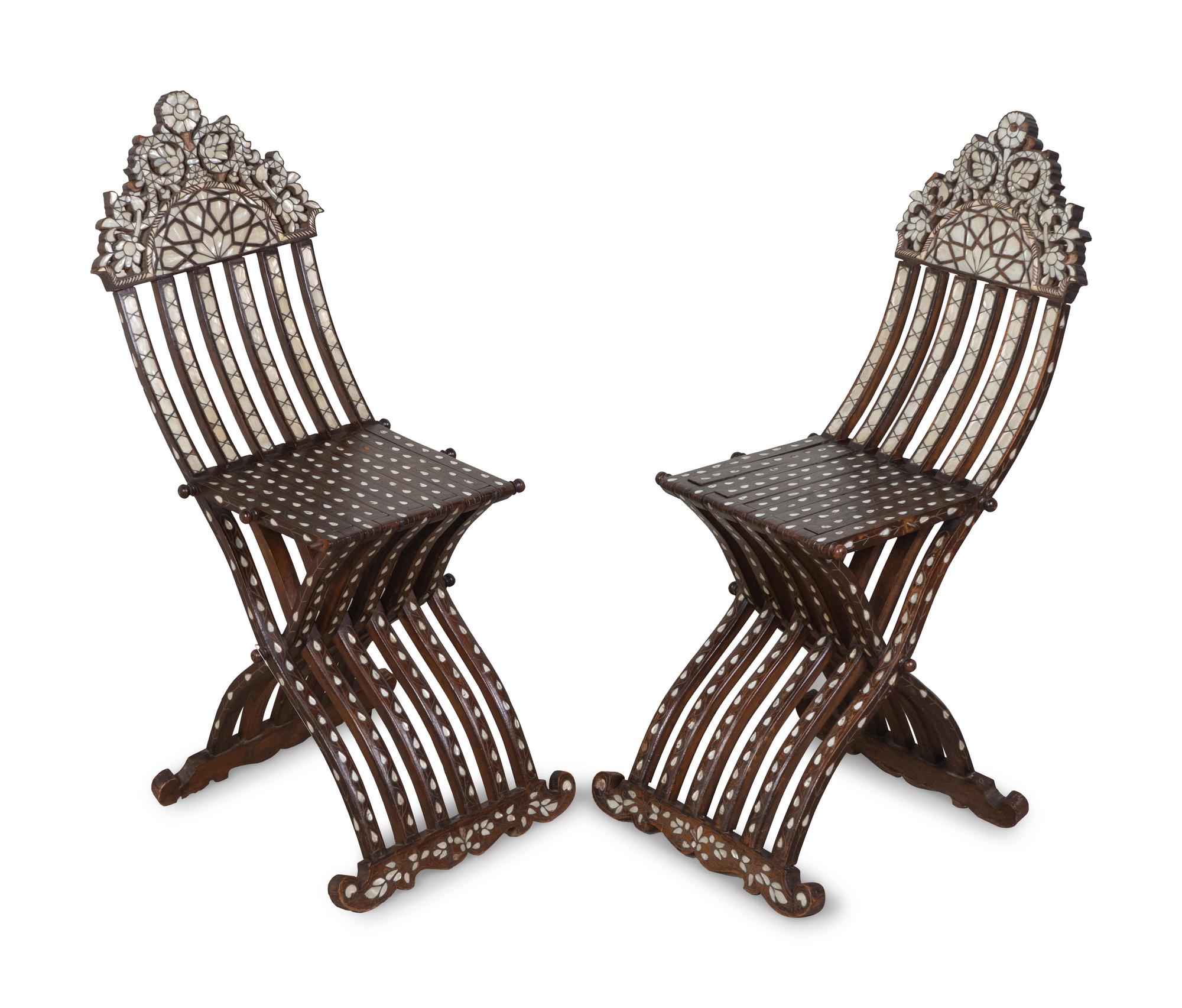 A Pair of Syrian Mother-of-Pearl-Inlaid X-Form Folding Chairs — 20TH CENTURY