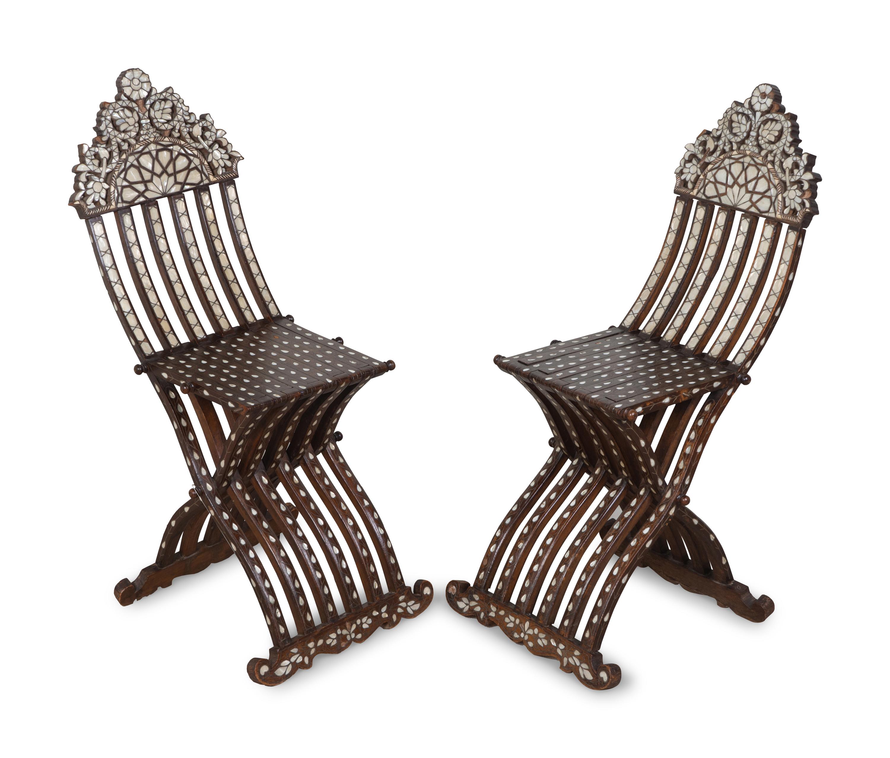 A Pair of Syrian Mother-of-Pearl-Inlaid X-Form Folding Chairs — 20TH CENTURY