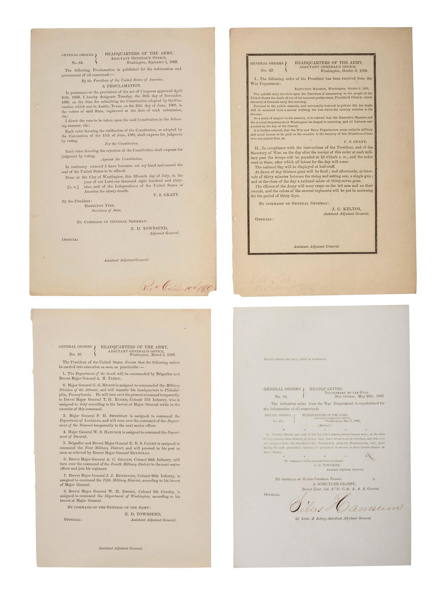 [RECONSTRUCTION]. A group of 26 General Orders, many concerning the post-war governance of the South, as well as death announcements of President Franklin Pierce, Edwin Stanton, and Generals Wool, Rosseau, and Rawlins, comprising:
