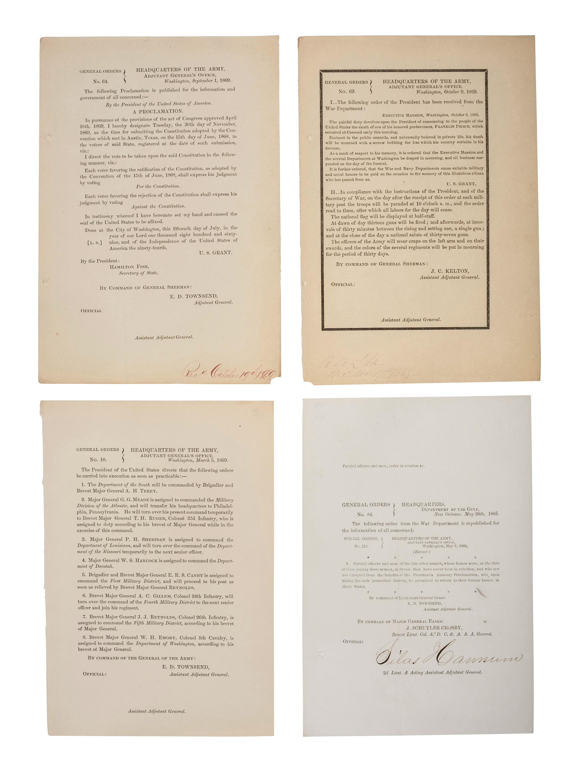 [RECONSTRUCTION]. A group of 26 General Orders, many concerning the post-war governance of the South, as well as death announcements of President Franklin Pierce, Edwin Stanton, and Generals Wool, Rosseau, and Rawlins, comprising: