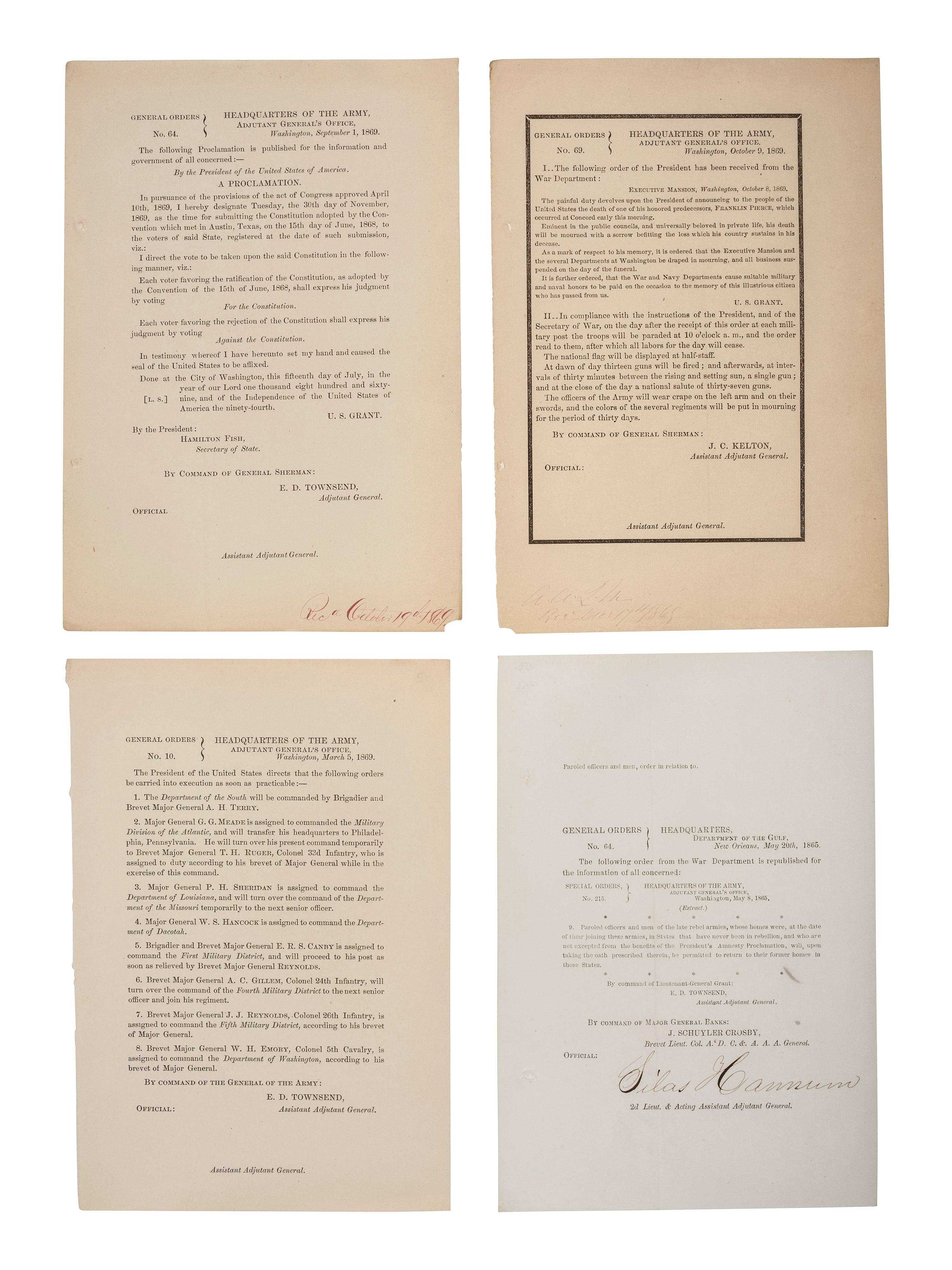 [RECONSTRUCTION]. A group of 26 General Orders, many concerning the post-war governance of the South, as well as death announcements of President Franklin Pierce, Edwin Stanton, and Generals Wool, Rosseau, and Rawlins, comprising:
