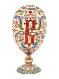 An Unusual Russian Enameled Silver Convertible Egg-Form Double Cordial Glass
