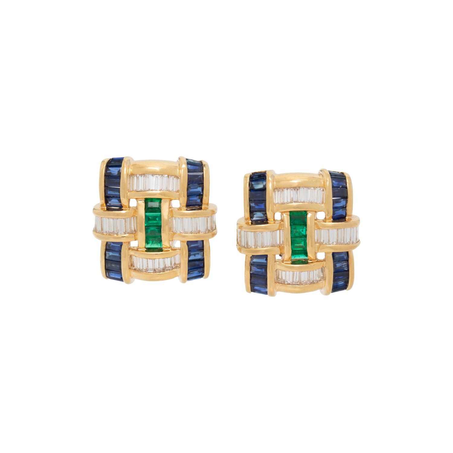 CHARLES KRYPELL, DIAMOND, SAPPHIRE, AND EMERALD CLIP EARRINGS