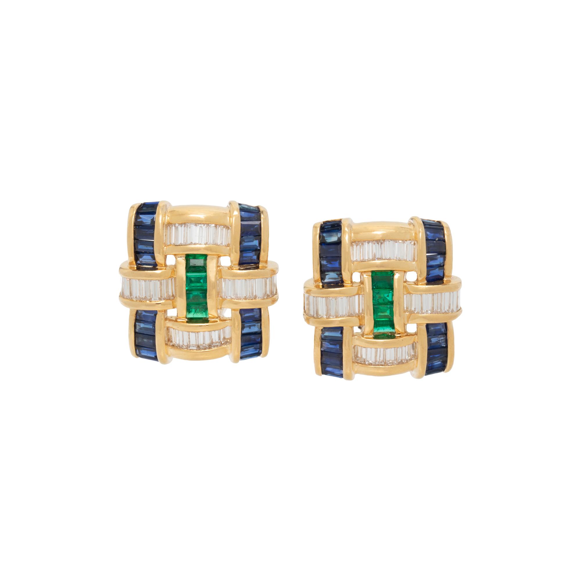 CHARLES KRYPELL, DIAMOND, SAPPHIRE, AND EMERALD CLIP EARRINGS