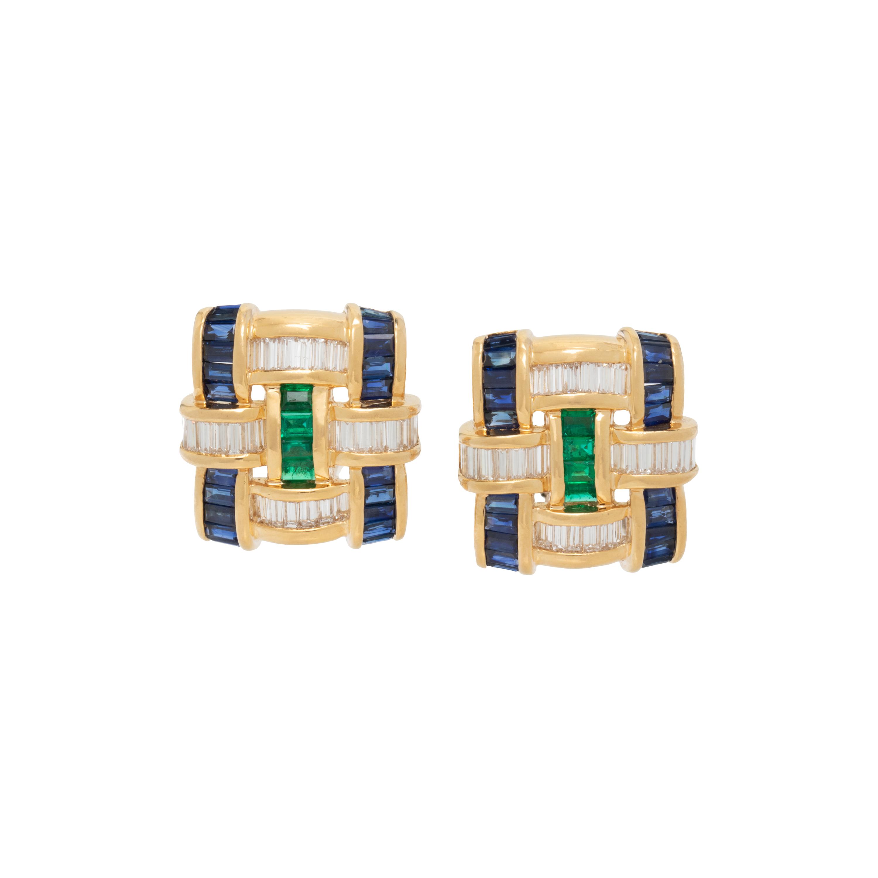 CHARLES KRYPELL, DIAMOND, SAPPHIRE, AND EMERALD CLIP EARRINGS