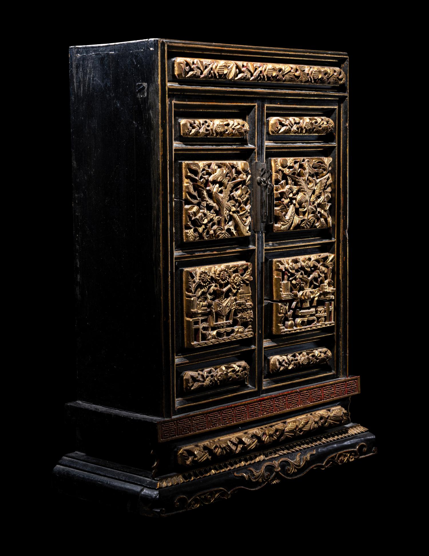 A Chinese Gilt and Black Lacquered Wood Shrine