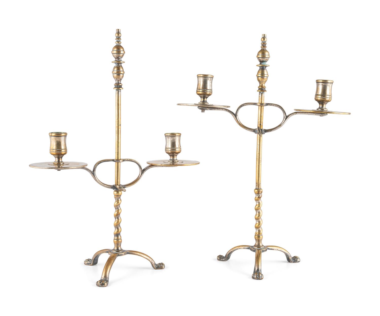 A Pair of Continental Brass Two-Light Telescoping Candelabra