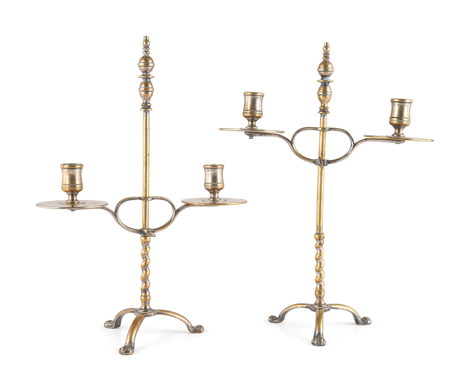 A Pair of Continental Brass Two-Light Telescoping Candelabra