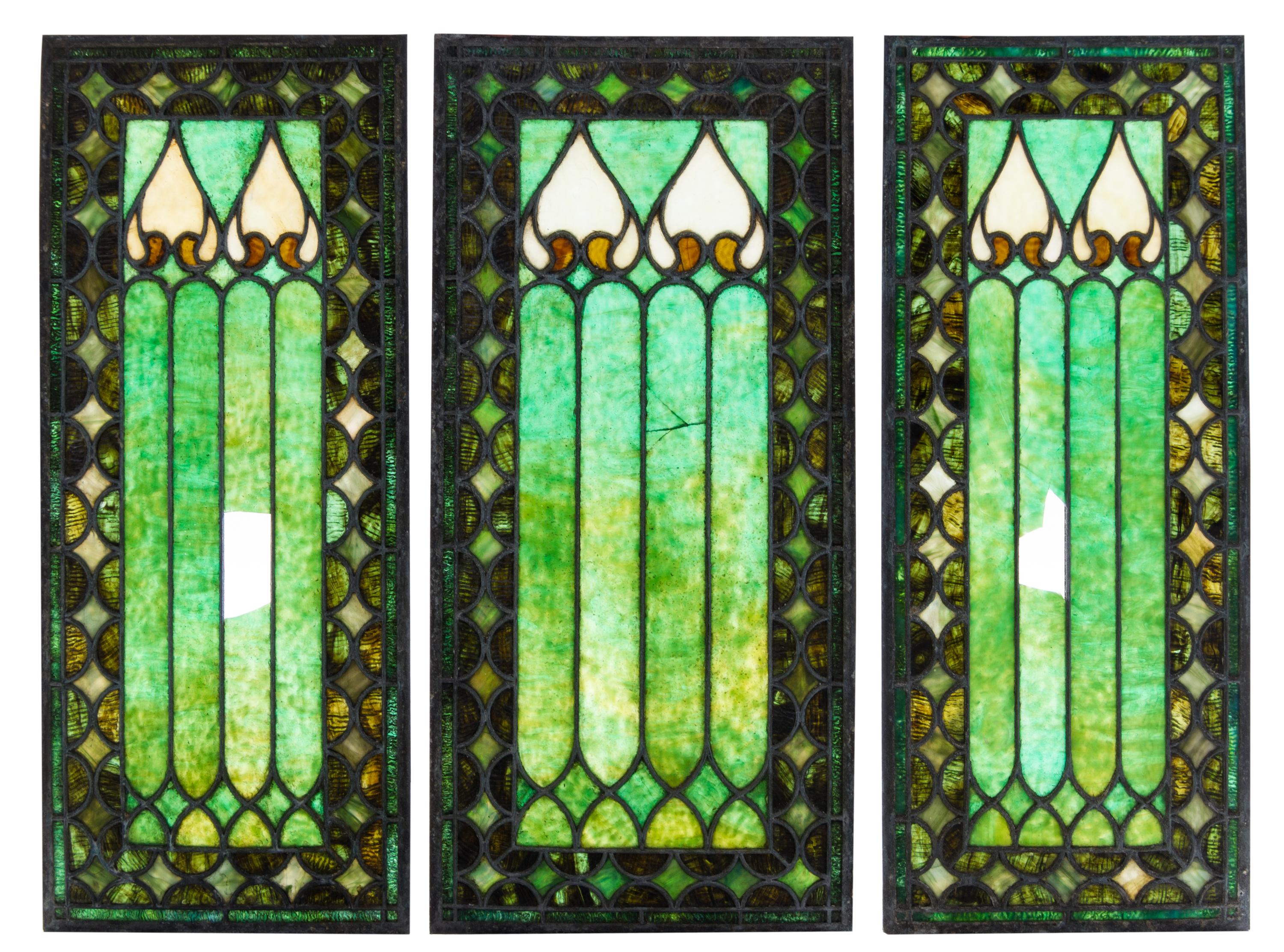 A Set of Four Leaded Glass Windows Height of largest 33 3/4 x 16 inches.