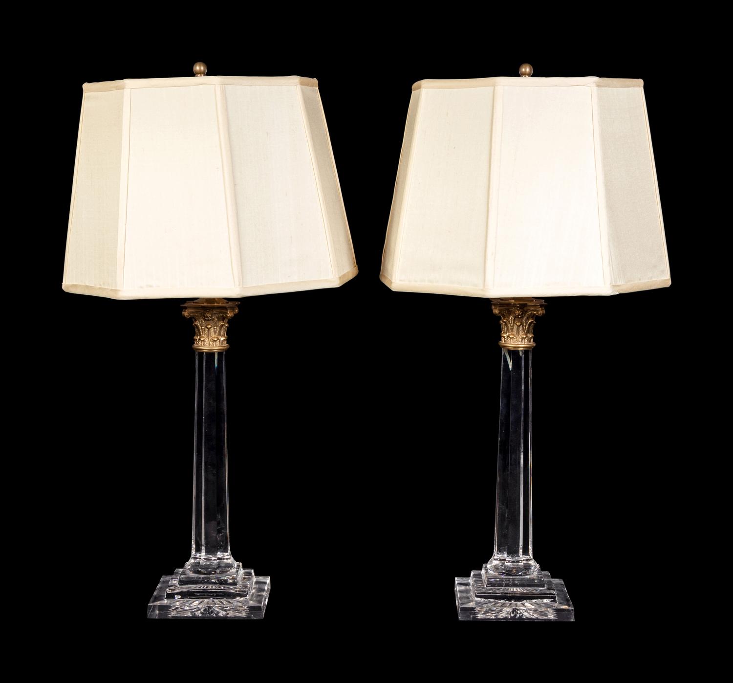 A Pair of Gilt Metal Mounted Cut Glass Columnar Lamps with Shades
