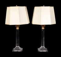 A Pair of Gilt Metal Mounted Cut Glass Columnar Lamps with Shades