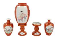 Two Pairs of Gilt Decorated Coral Red Ground Famille Rose Porcelain Articles Height 13 inches. — 19TH CENTURY/EARLY 20TH CENTURY