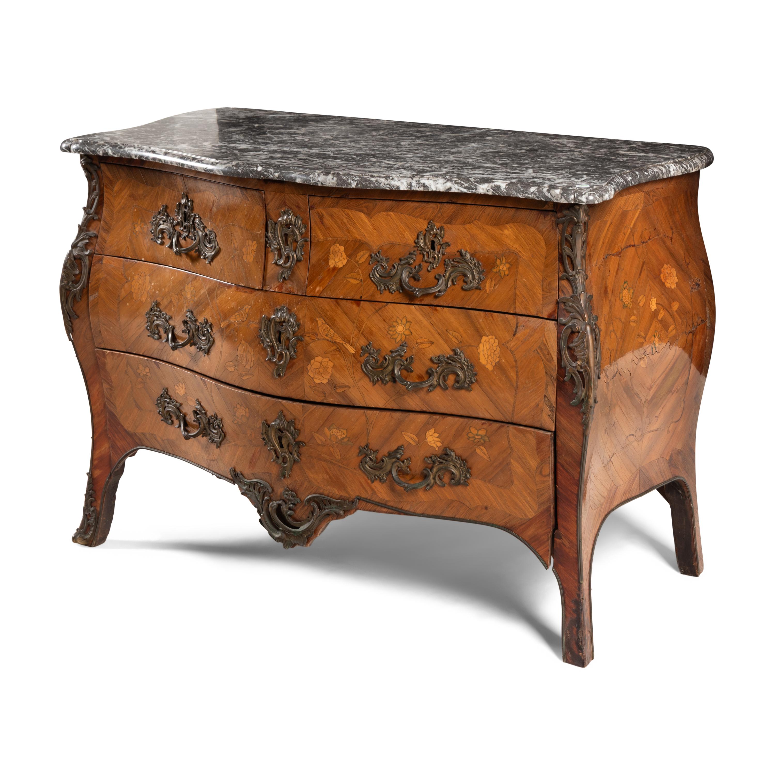 A Louis XV Gilt Bronze Mounted Marquetry, Tulipwood, and Fruitwood Marble-Top Commode