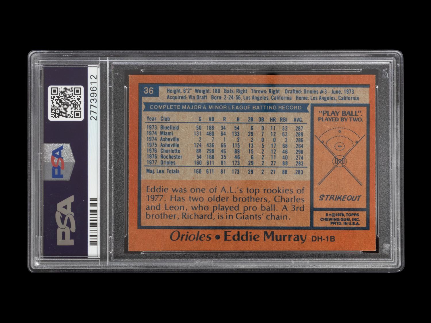A 1978 Topps Eddie Murray Rookie Baseball Card No. 36 (PSA 8 NM-MT)