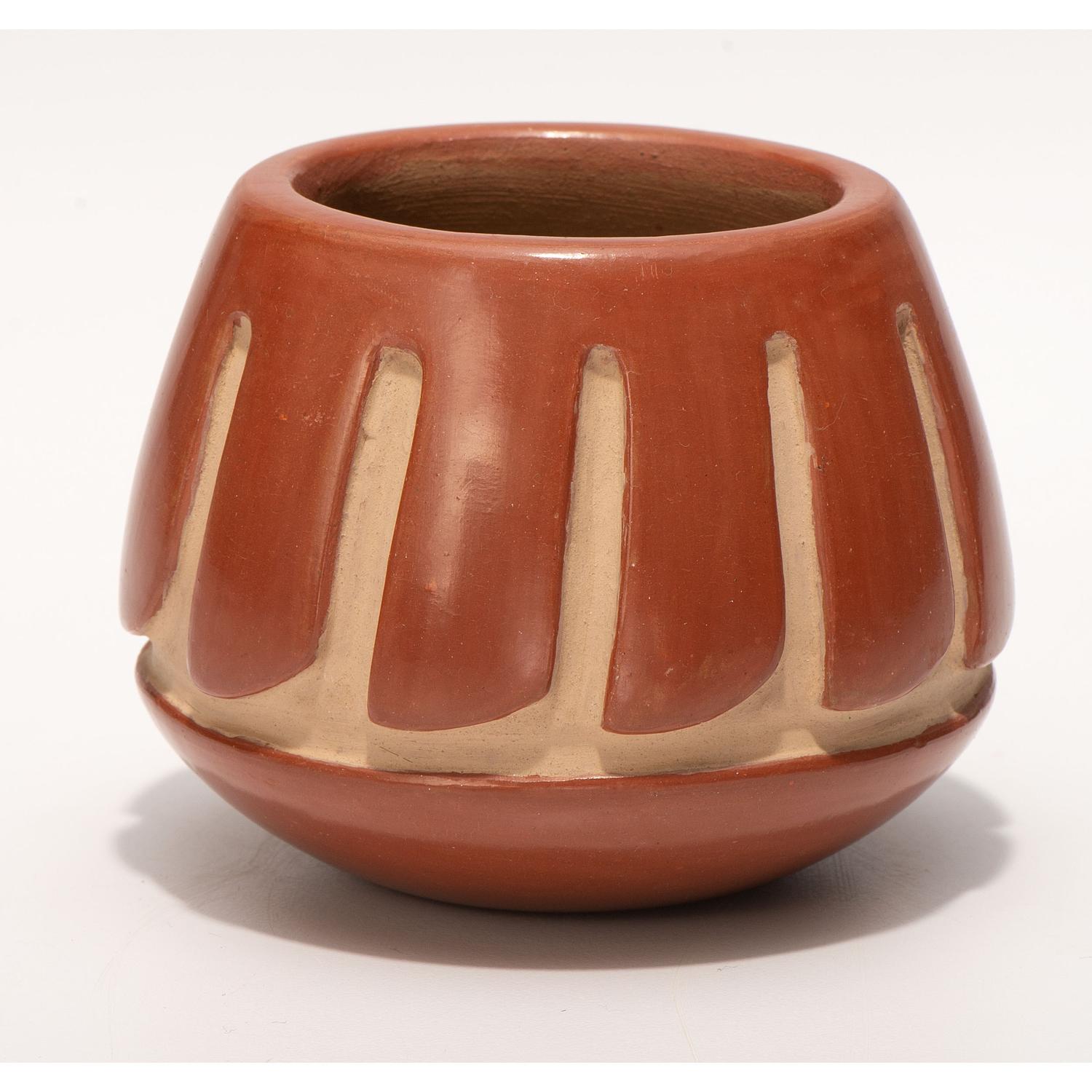 Carved Redware Jar, with Repeating Feather Design