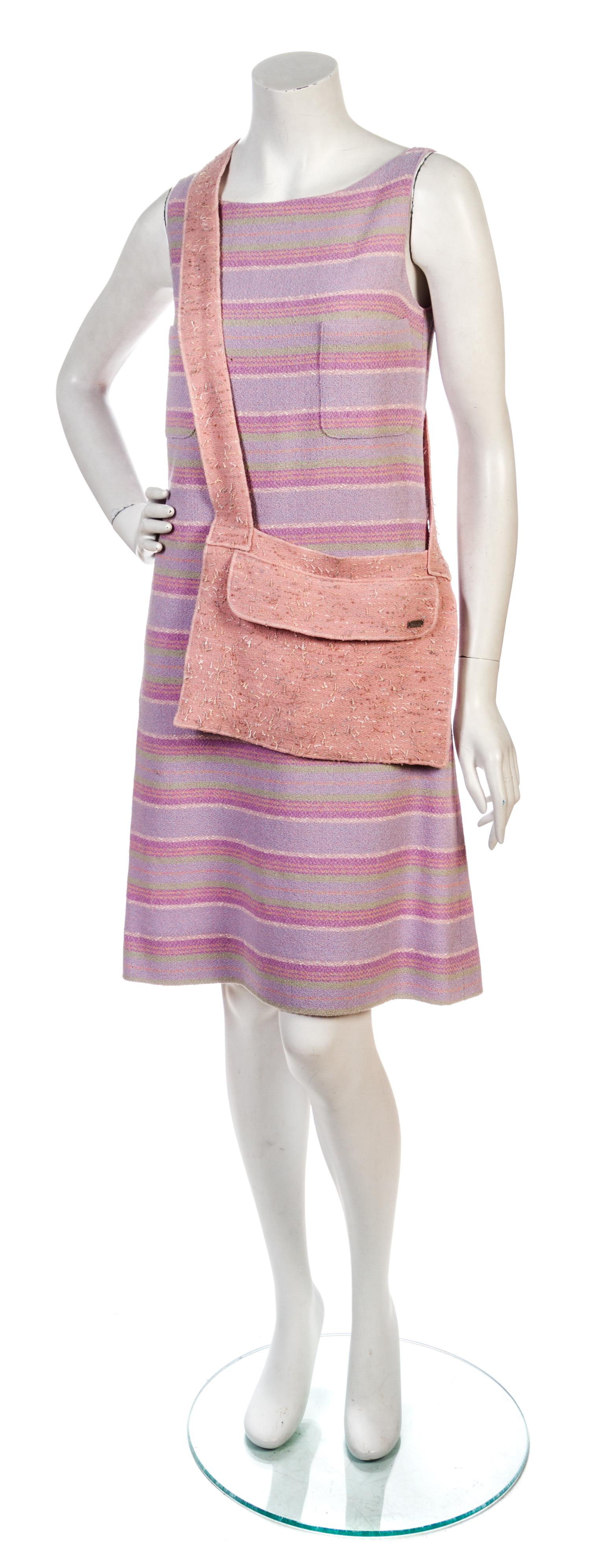 A Chanel Lavender Striped Wool Boucle Day Dress & Bag, Size 36.